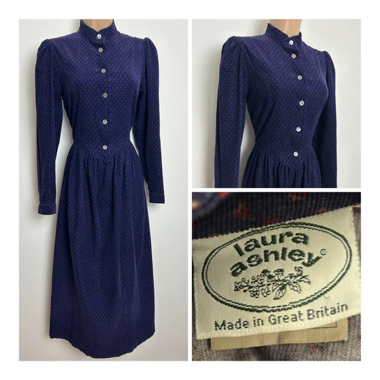 Vintage 1980s LAURA ASHLEY Size 10 Dark Blue & Red Ditsy Floral Needlecord Cottage Core Midi Dress