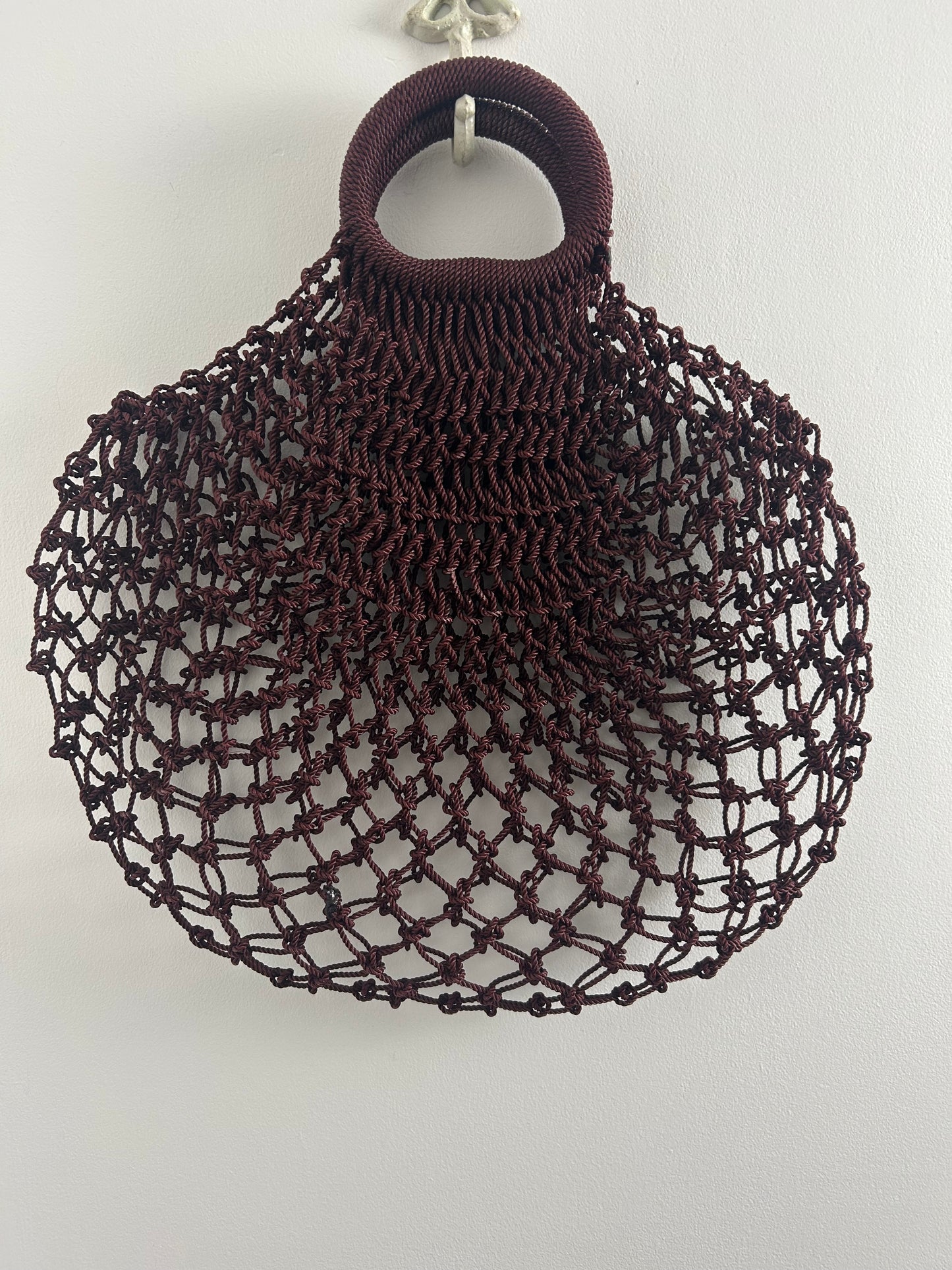 Vintage 1960s Dark Burgundy Macrame Knotted Style Plastic Handled Shopping Bag