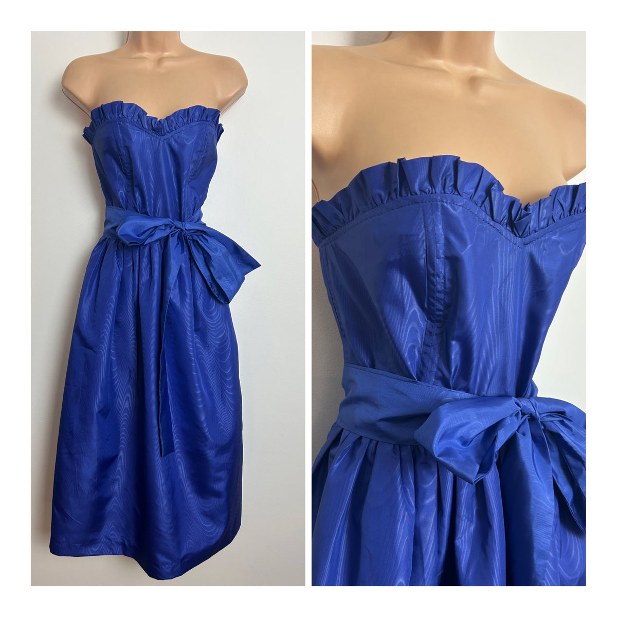 Vintage 1980s VIVIEN SMITH Size 8 Blue Watermark Satin Feel Strapless Belted Party Prom Occasion Dress