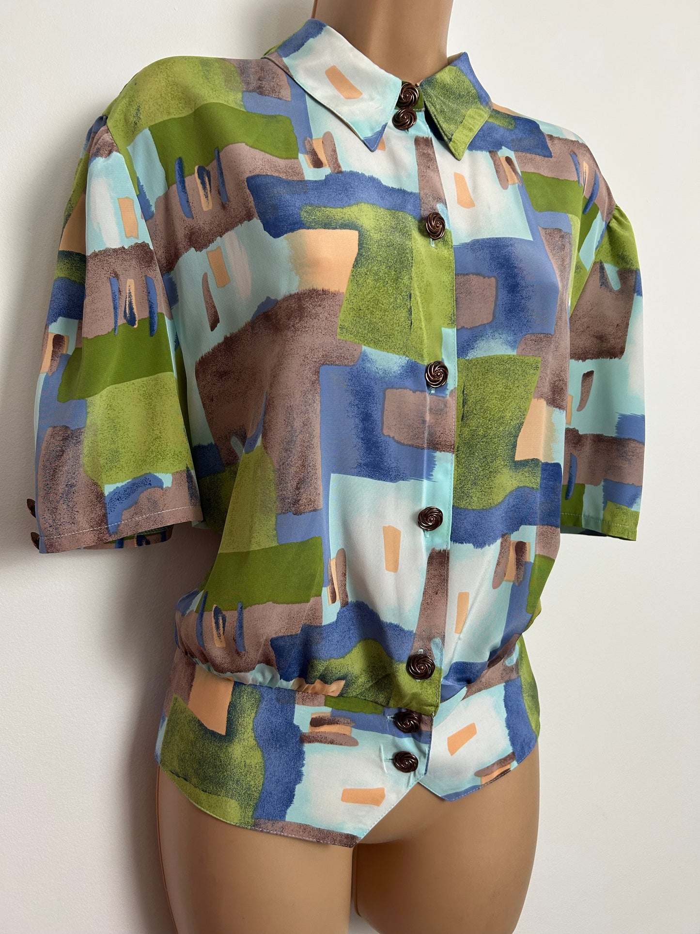 Vintage 1980s Size 16-18 Green Blue & Brown Abstract Print Peplum Waist Blouse