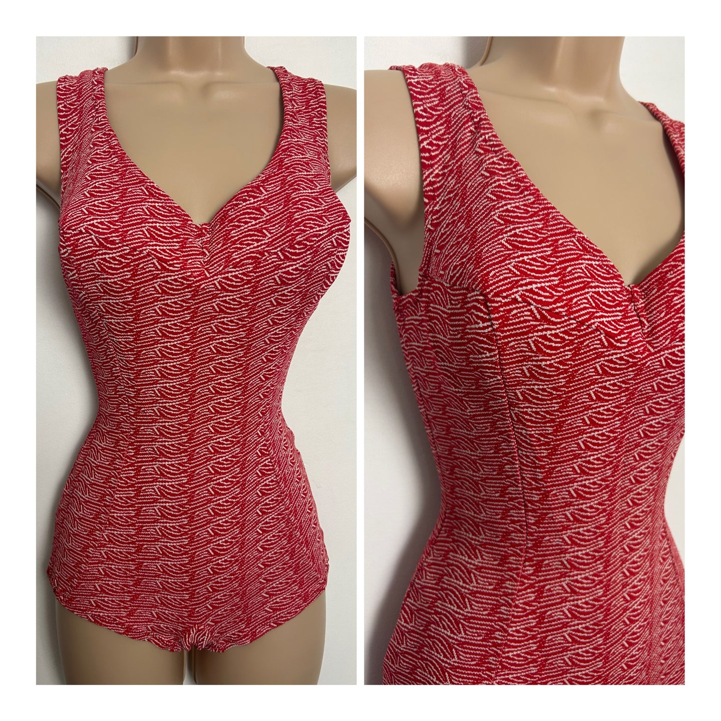 Vintage Late 1950s BALNEA PARIS Size 10 Red & White Pattern Padded Cup Swimsuit