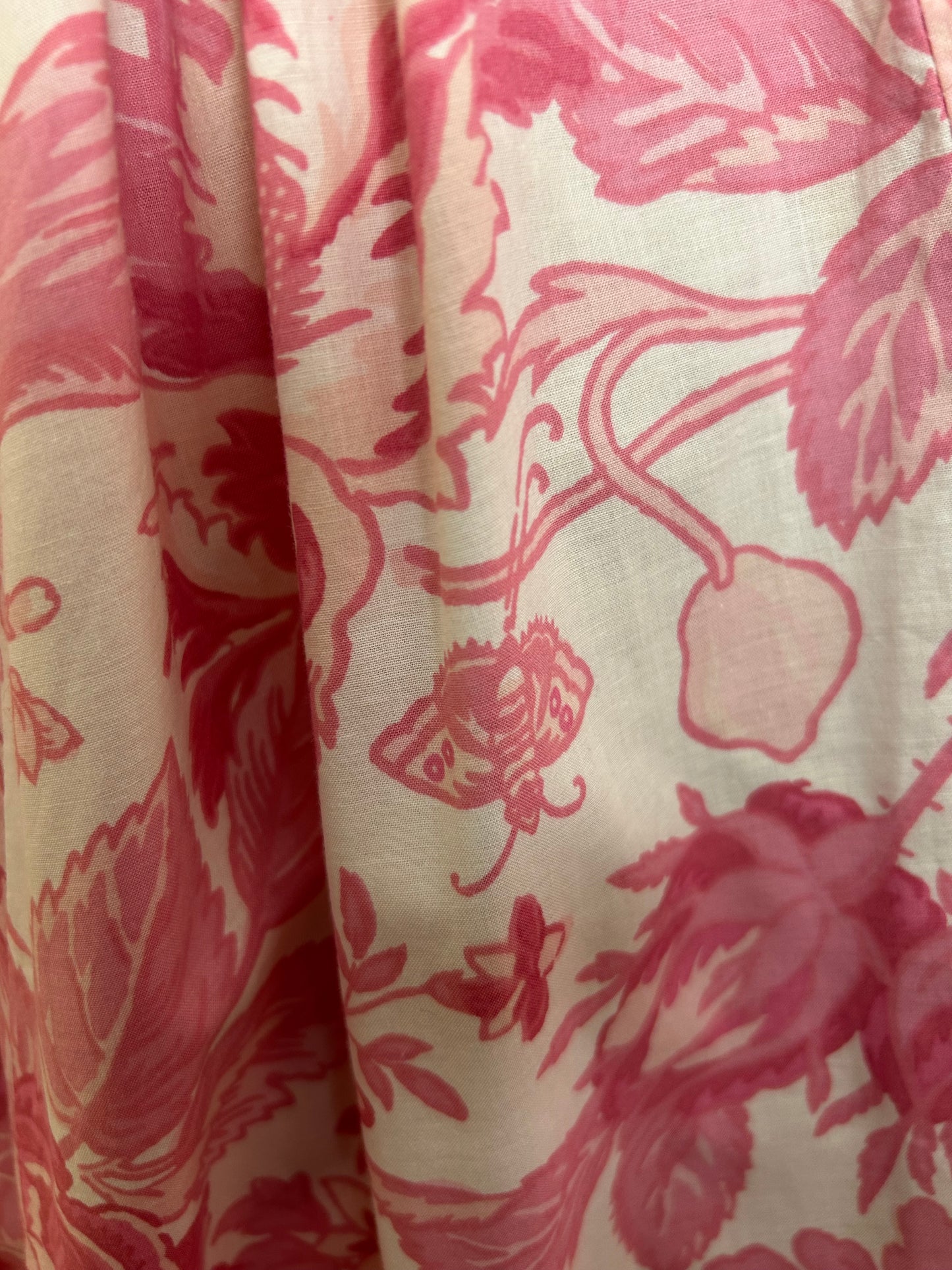 Vintage 1980s LAURA ASHLEY Size 10 (14 On label) Pink & white Floral Bird & Butterfly Print Cotton Midi Dress