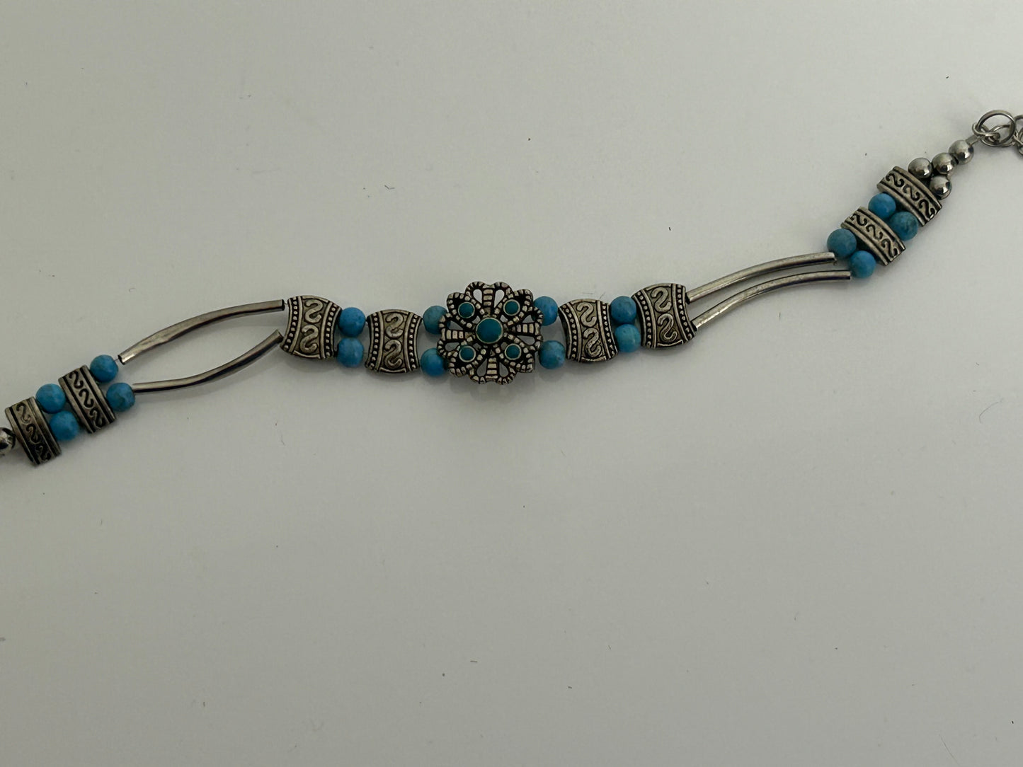 Vintage Silver Tone & Turquoise Beaded Boho Ethnic Style Bracelet
