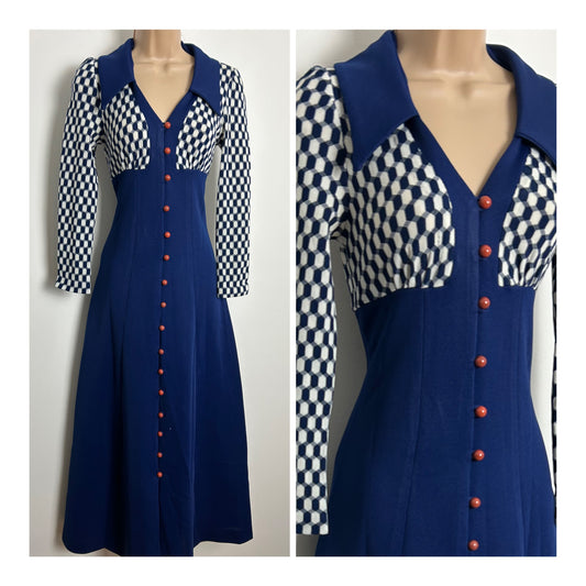 Vintage 1970s RICHARD SHOPS Size 6-8 Navy Blue & White Hexagonal Print Long Sleeve Maxi Dress