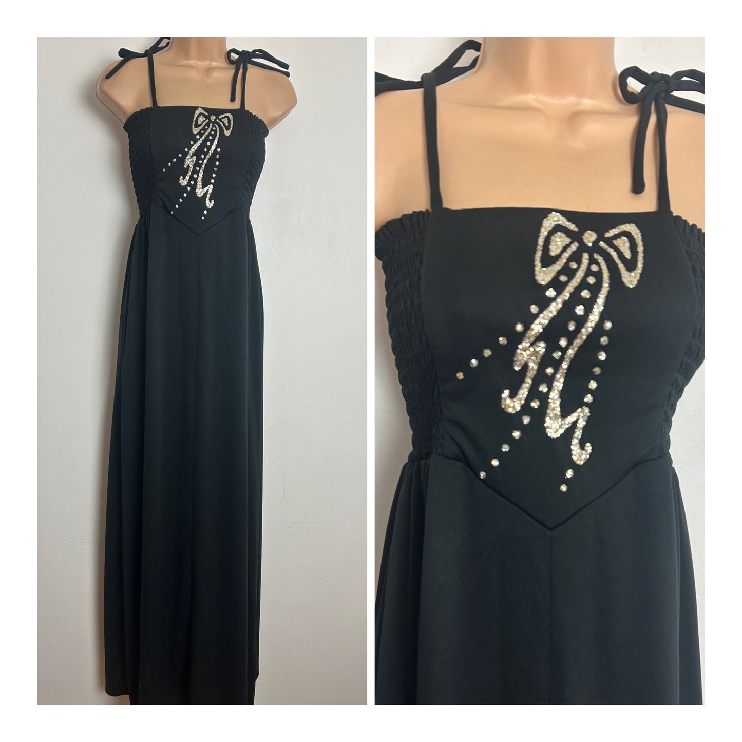 Vintage 1970s Size 10-12 Black Tie Shoulder Shirred Bodice Gold Glitter Bow Detail Maxi Dress