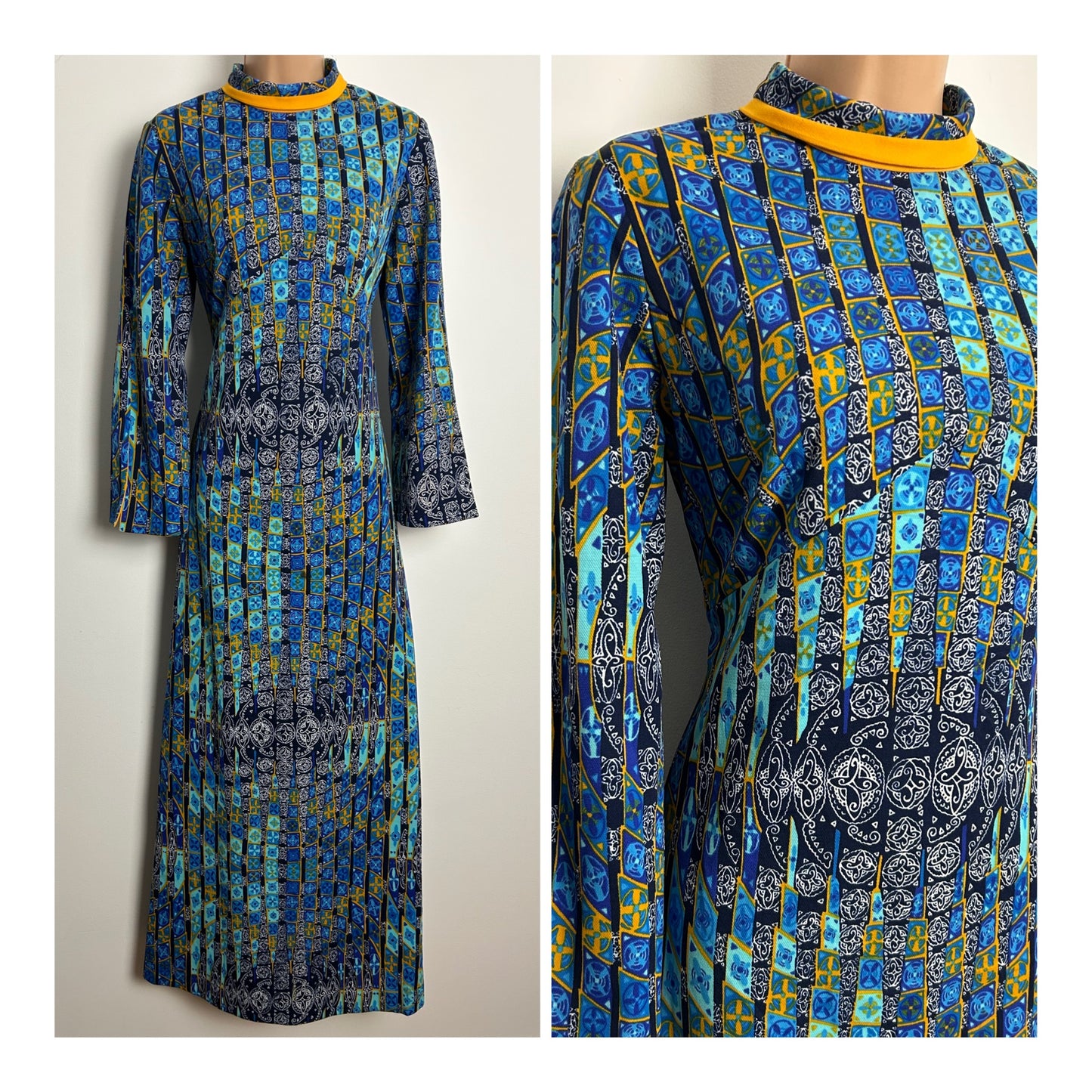 Vintage 1970s HARMONY Size 10-12 Blue Tones & Mustard Yellow Abstract Geo Check Print Long Sleeve Maxi Dress