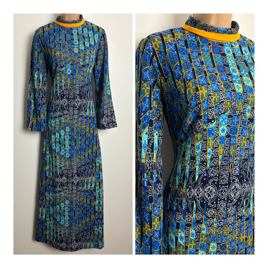 Vintage 1970s HARMONY Size 10-12 Blue Tones & Mustard Yellow Abstract Geo Check Print Long Sleeve Maxi Dress
