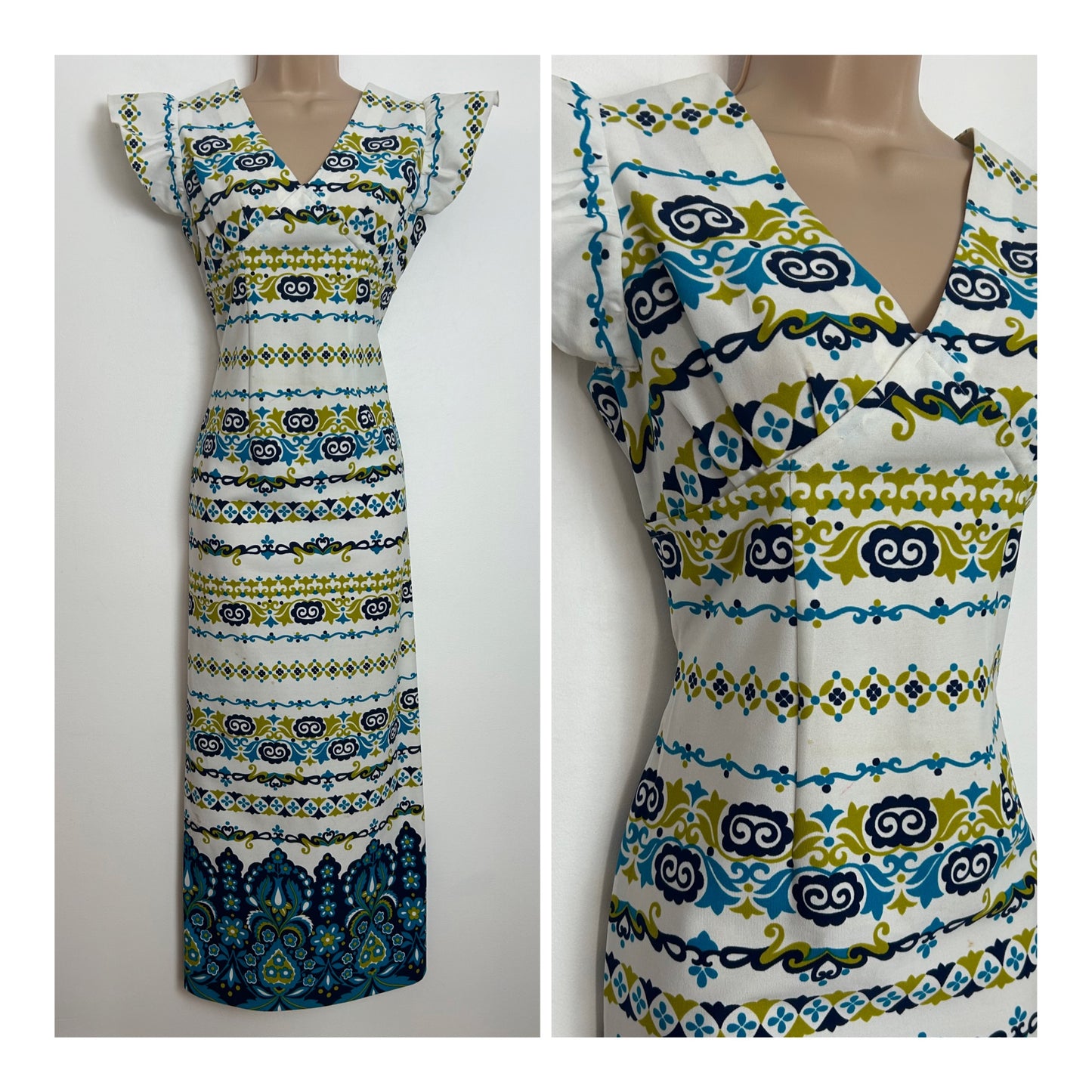 Vintage 1970s Size 8 White Blue & Olive Green Abstract Print Short Frill Cap Sleeve Maxi Dress