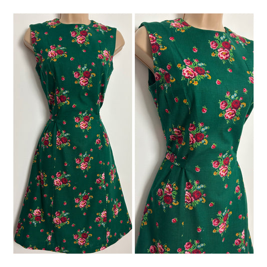 Vintage Late 50s/Early60s RARE BESSIE BECKER UK Size 8 Green Red & Pink Floral Print Cotton Tie Back Day Dress