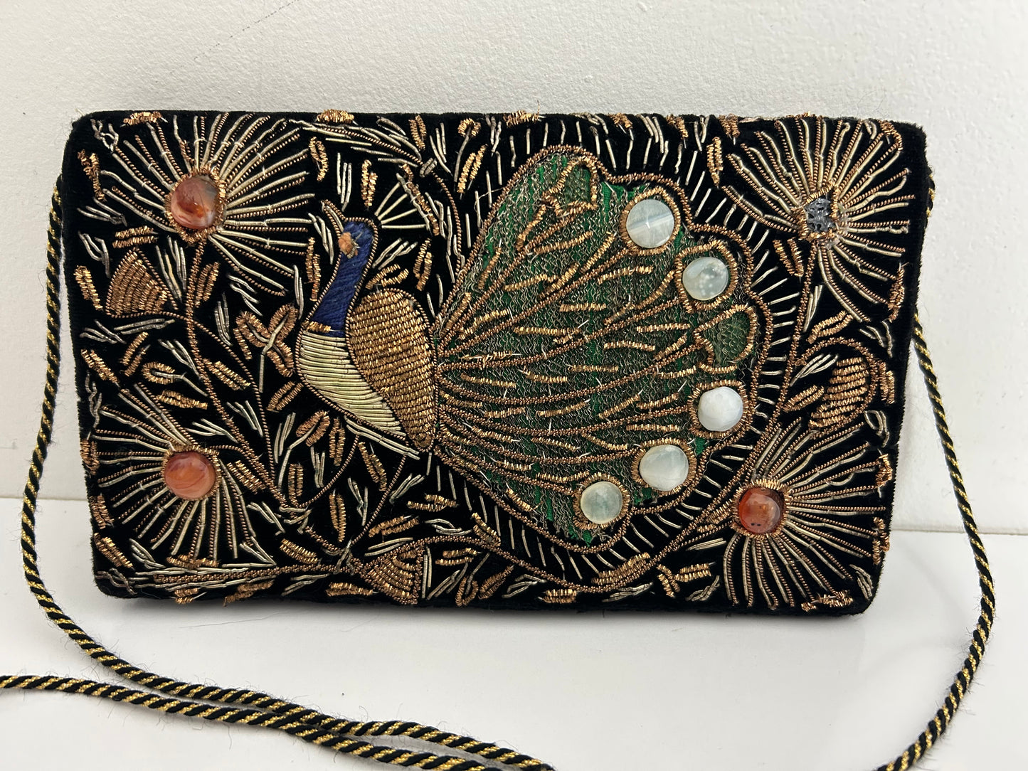 Vintage 1960s Zardosi Black Velvet & Gold Embroidered Peacock Design Shoulder Bag