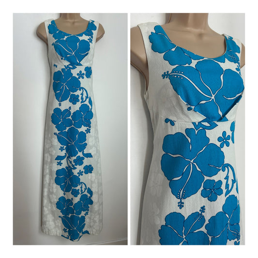 Vintage 1960s HAWAIIAN PALM Size 6 White & Blue Hibiscus Floral Print Cotton Original Hawaiian Maxi Dress