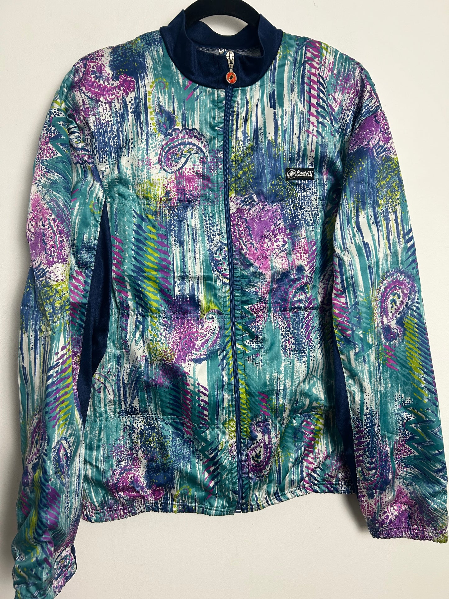 Vintage 1980s Up To Size 14 Italian CASTELLI Blue Turquoise & Pink Paisley Print Zip Fronted Activewear Cycling Top