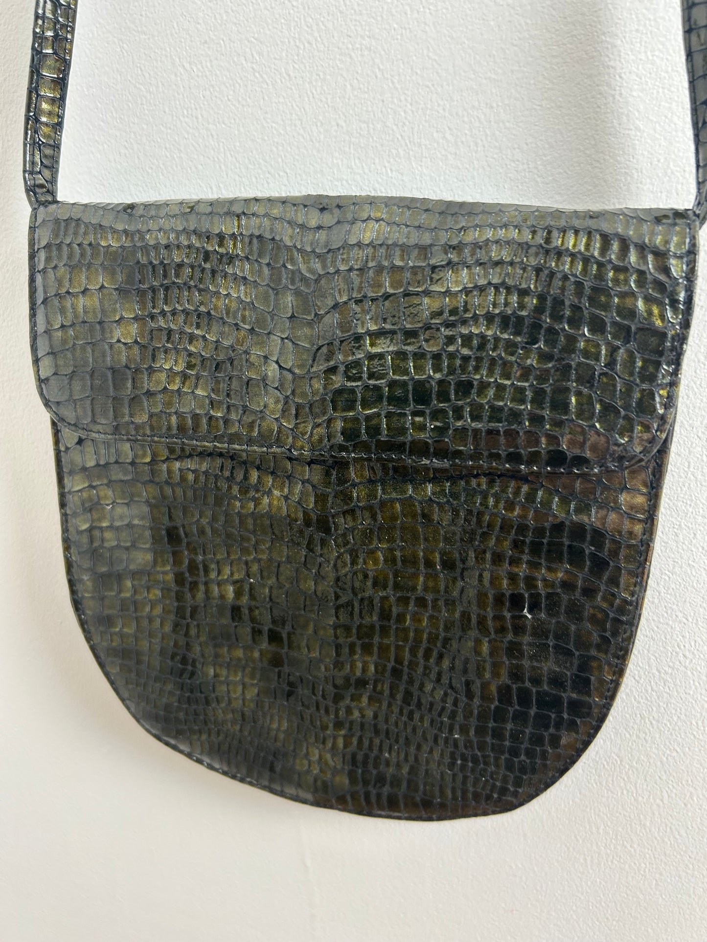 Vintage 1980s Cute Little Very Dark Green Mock Reptile Skin Shoulder Bag