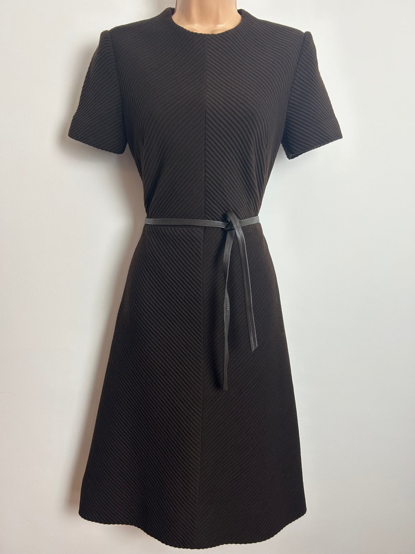 Vintage 1960s JAEGER Size 8-10 Chocolate Brown Chevron Texture All Wool Belted Mod Dress