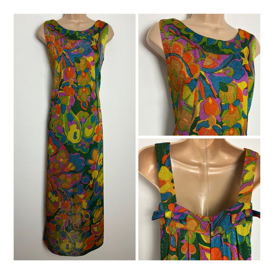 Vintage 1960s FREDERICK HOWARD Size 10-12 Green Orange Purple & Teal Lurex Floral Print Occasion Maxi Dress