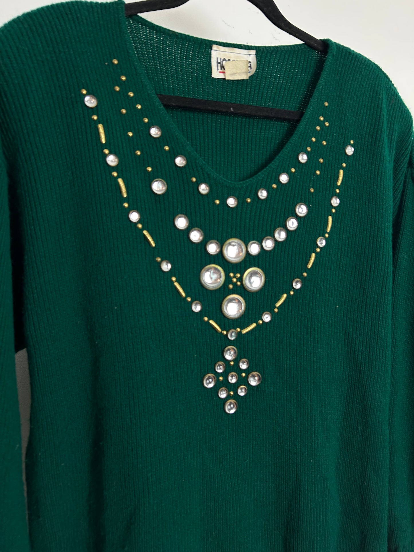 Vintage 1980s One Size Up To Size 18 Dark Green Jewel Bead Embellished Jumper