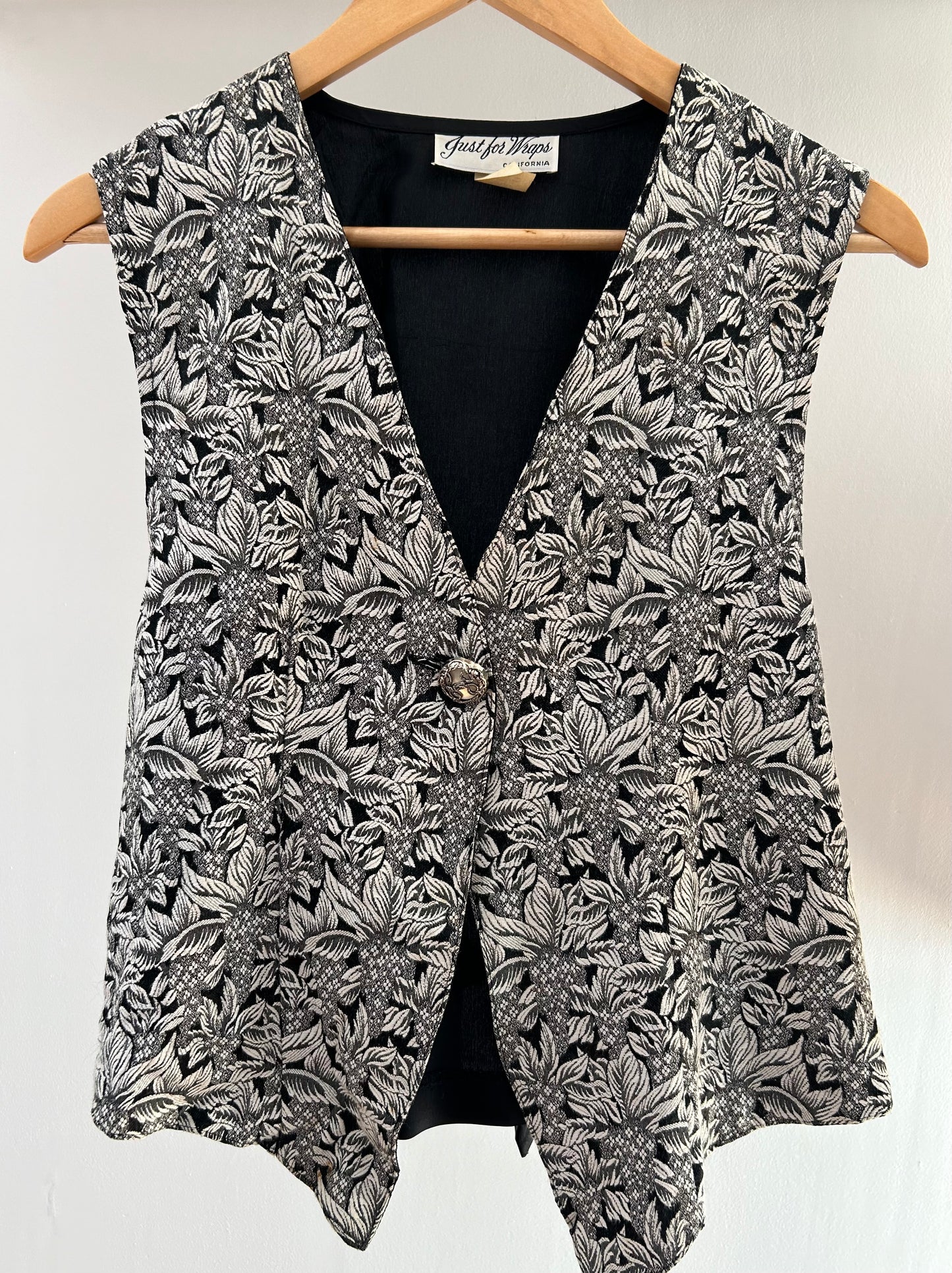 Vintage 1980s JUST FOR WRAPS UK Size 12 Black & White Floral Pattern Brocade Vest Waistcoat