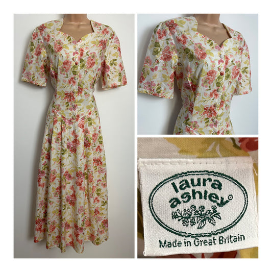Vintage 1980s LAURA ASHLEY Size 14 (Size 16 On Label) Pink Coral & Green Floral Print Cotton Tea Dress