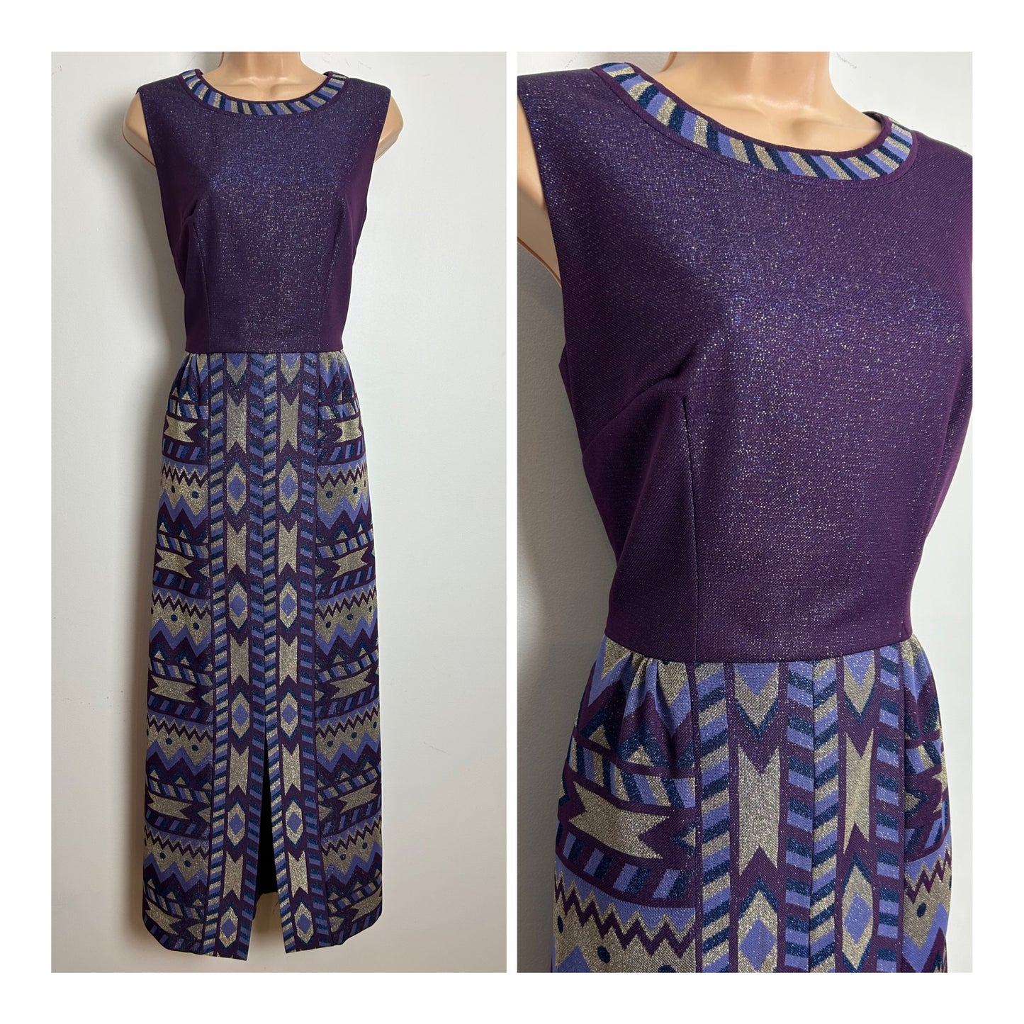 Vintage 1970s Size 12 Purple Blue & Silver Abstract Print Lurex Occasion Evening Maxi Dress