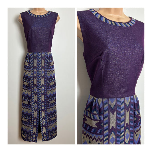 Vintage 1970s Size 12 Purple Blue & Silver Abstract Print Lurex Occasion Evening Maxi Dress