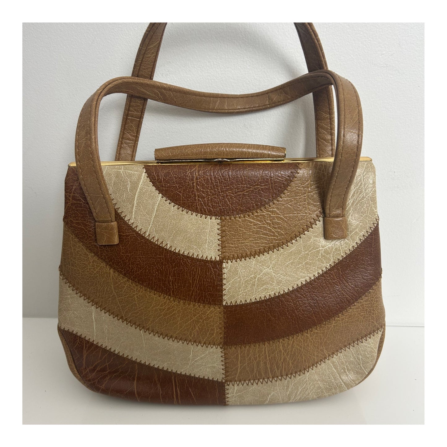 Vintage 1960s WEYMOUTH AMERICA Tan Brown & Beige Faux Leather Patchwork Panels Handbag