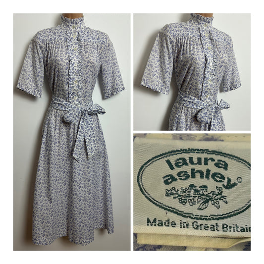 Vintage Early 1980s LAURA ASHLEY Size 10 White & Pale Blue Floral & Leaf Print Cotton Belted Day Dress