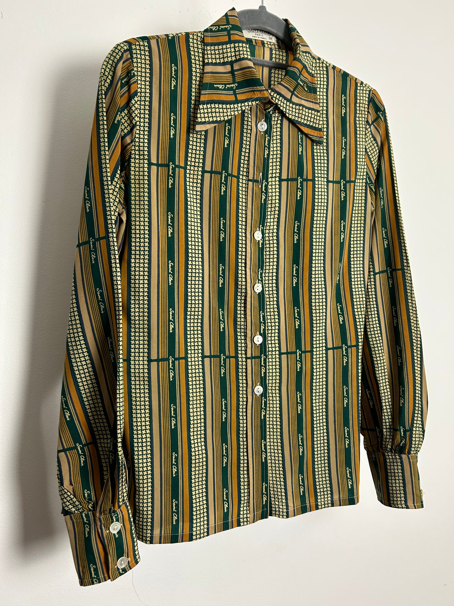Vintage 1970s SAINT-CLAIR PARIS Size 8 Green Rust Tones Stripe Print Long Sleeve Shirt