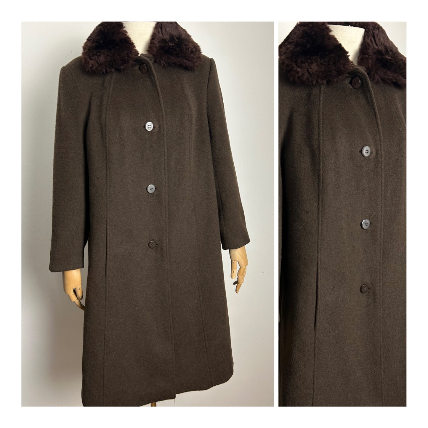 Vintage 1970s VARTEKS Size 12 Dark Brown Wool Mix Faux Fur Collar Winter Coat