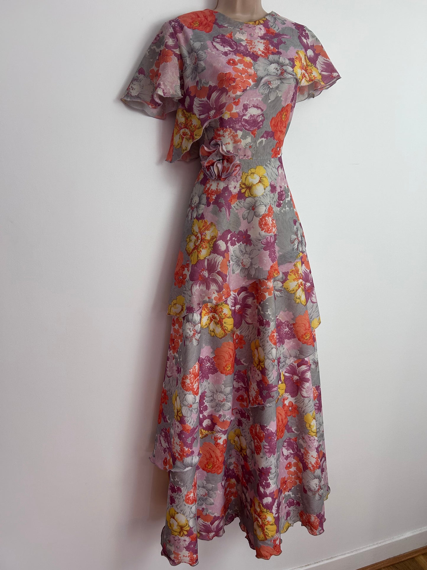 Vintage 1970s UK Size 10 Grey Orange & Plum Purple Floral Print Layered Boho Maxi Dress