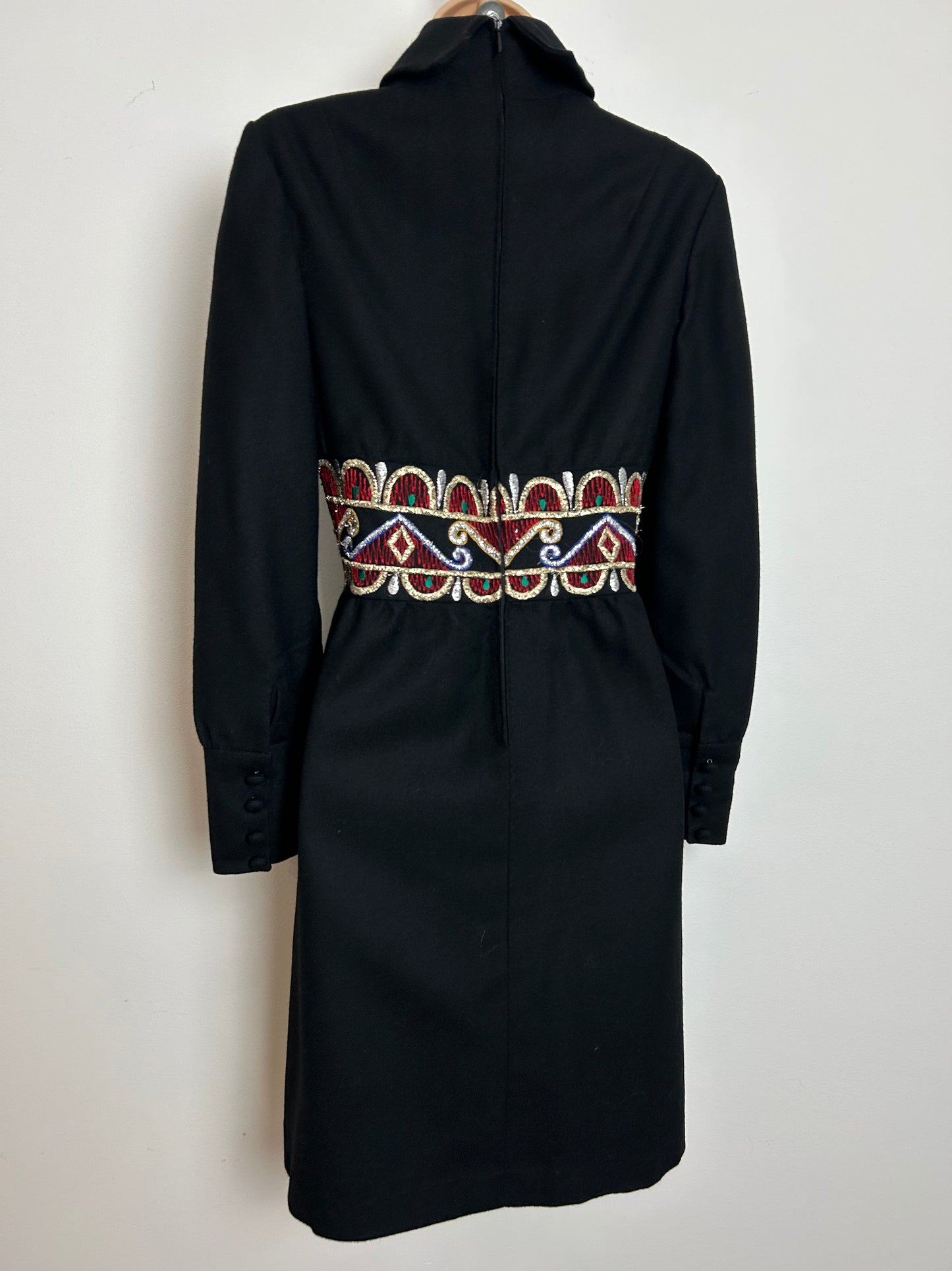 Vintage 1960s Size 8 Black Wool Mix Embroidered Waist Detail Long Sleeve Occasion Dress
