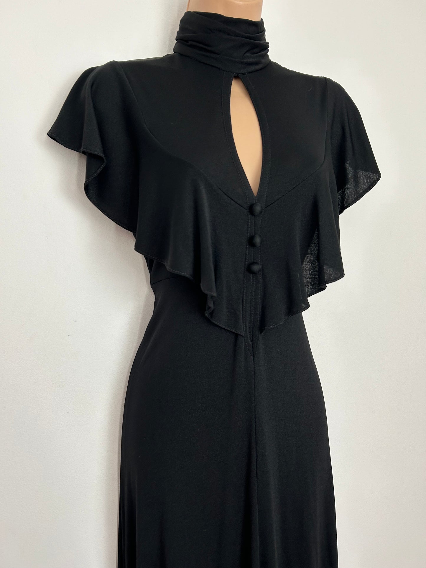 Vintage 1970s SHELANA UK Size 8 Black Keyhole Cut Out Ruffle Trim Maxi Dress