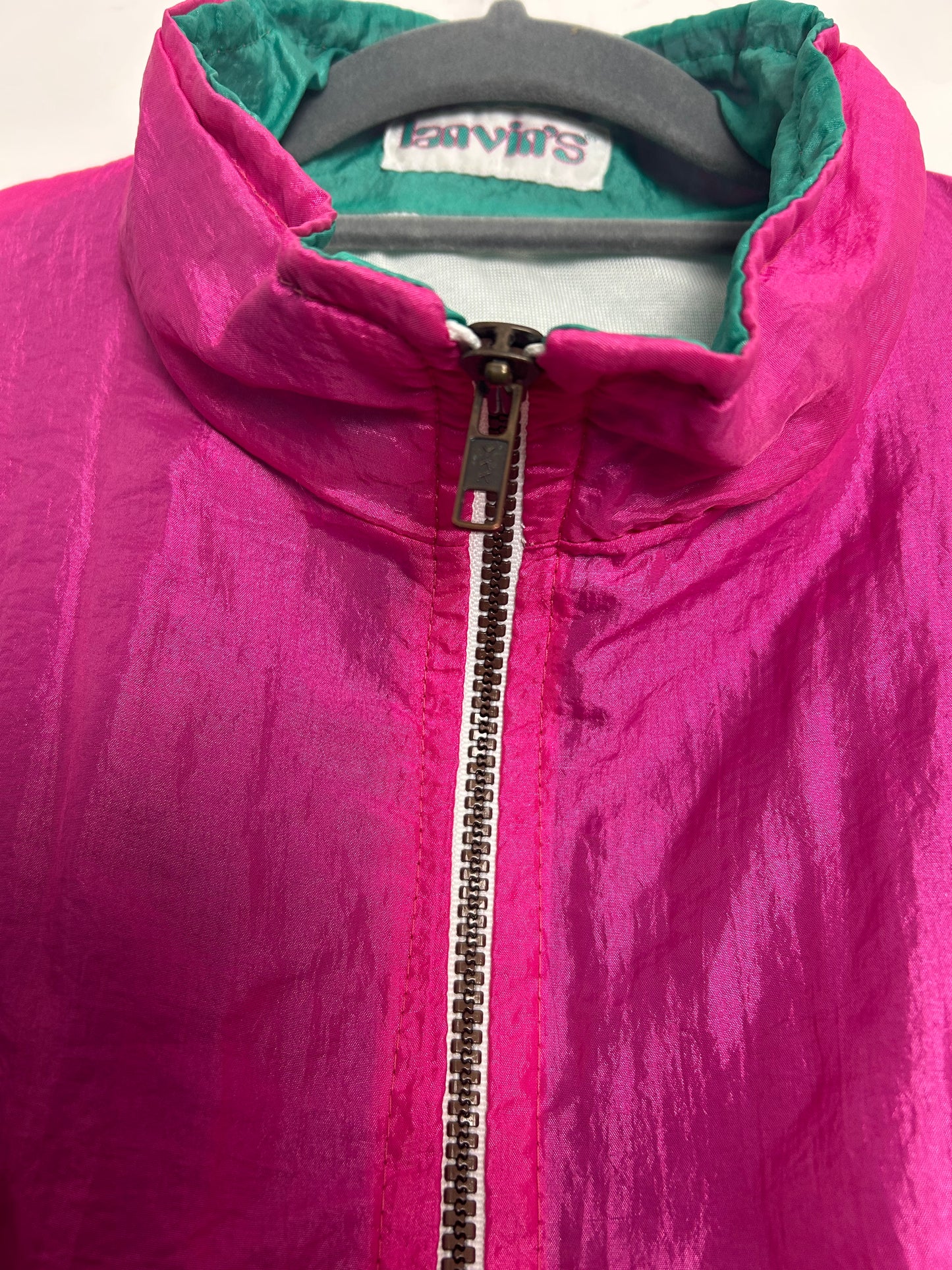 Vintage 1980s Up To Size 14/16 LANVIN'S Pink Green Blue Abstract Print Shell Suit Jacket