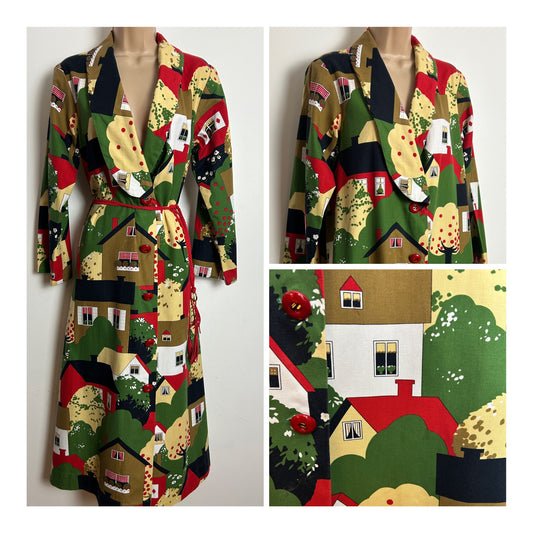 Vintage 1950s/1960s Size 12-14 Amazing Houses & Trees Print Smock Or Belted Midi Dress