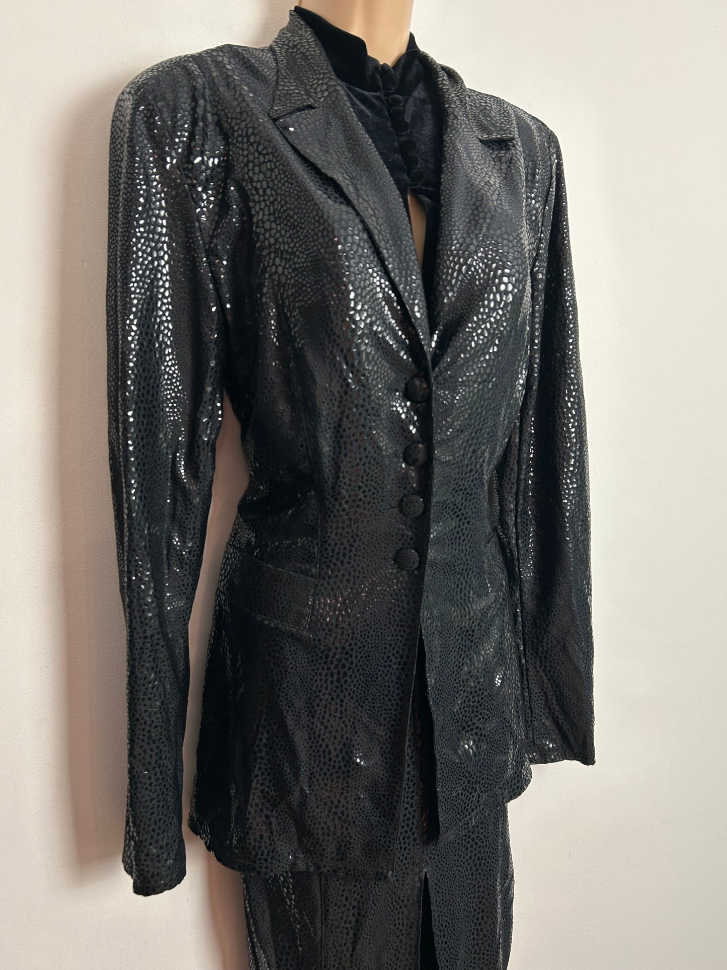 Vintage 1980s ROMEO POUR JULIETTE Paris UK Size 10 Black Velour & Snakeskin Evening Dress & Matching Open Back Jacket