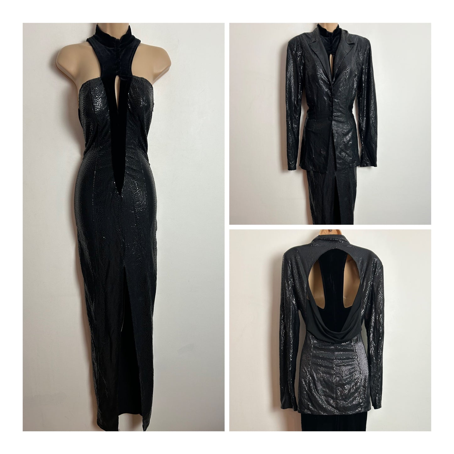 Vintage 1980s ROMEO POUR JULIETTE Paris UK Size 10 Black Velour & Snakeskin Evening Dress & Matching Open Back Jacket