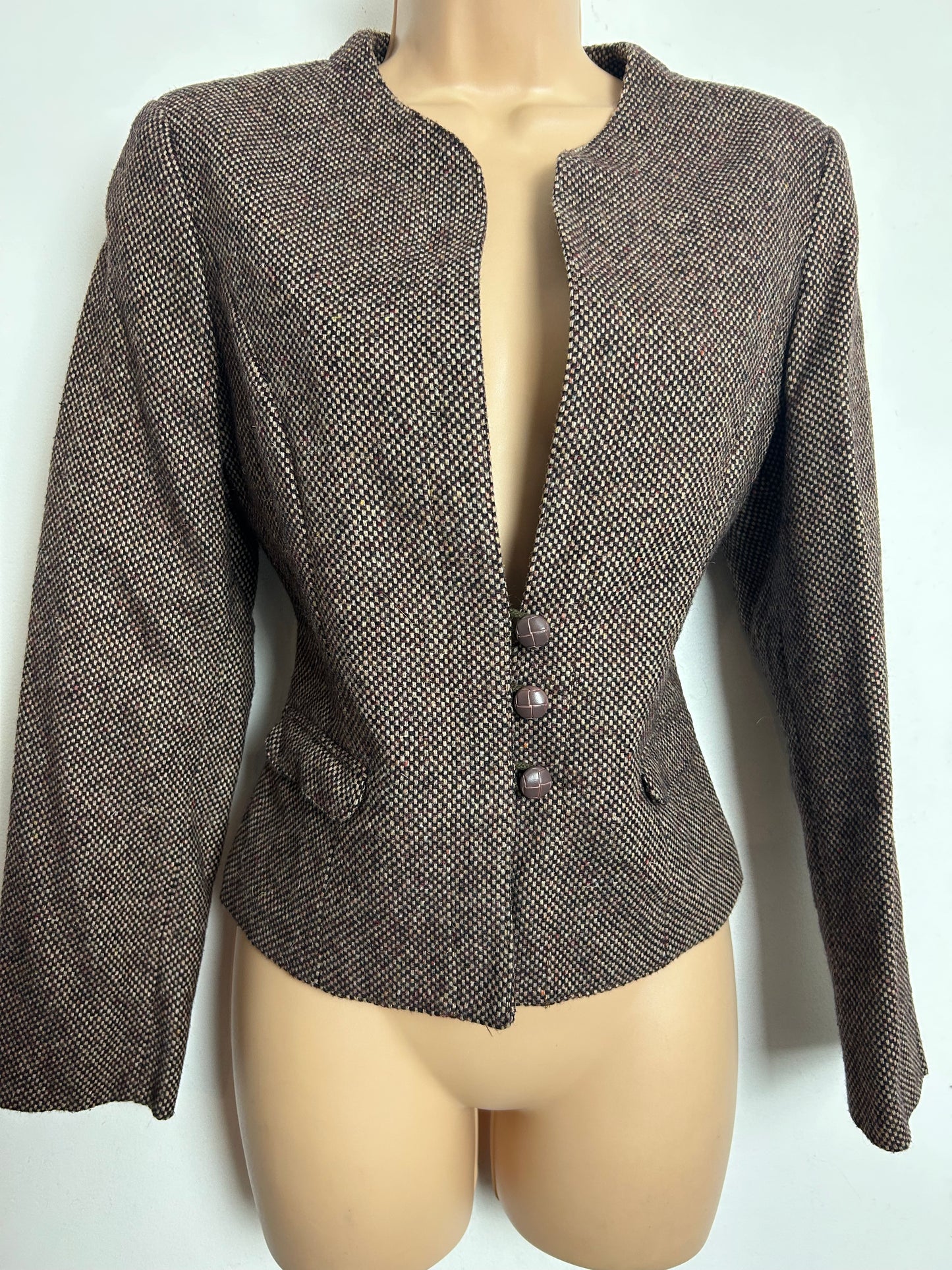 Vintage 1980s PLUM TREE CANADA Size 10 Brown Tweed Wool Mix Collarless Blazer