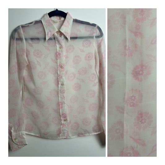 Vintage 1970s Size 8-10 White & Pale Pink Floral Print Long Sleeve Semi Sheer Cotton Mix Shirt