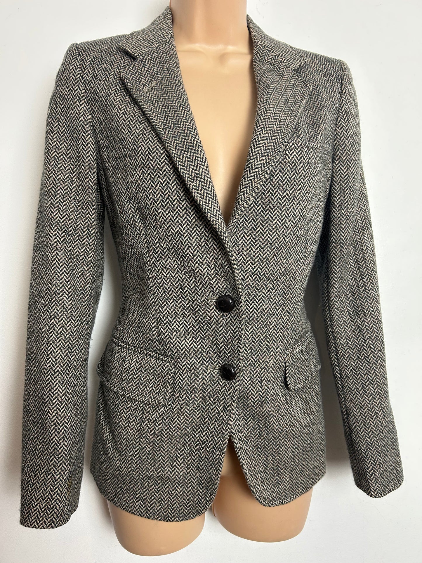 Vintage 1980s HASPEL Size 8 Traditional Wool Teed Herringbone Fully Lined Blazer
