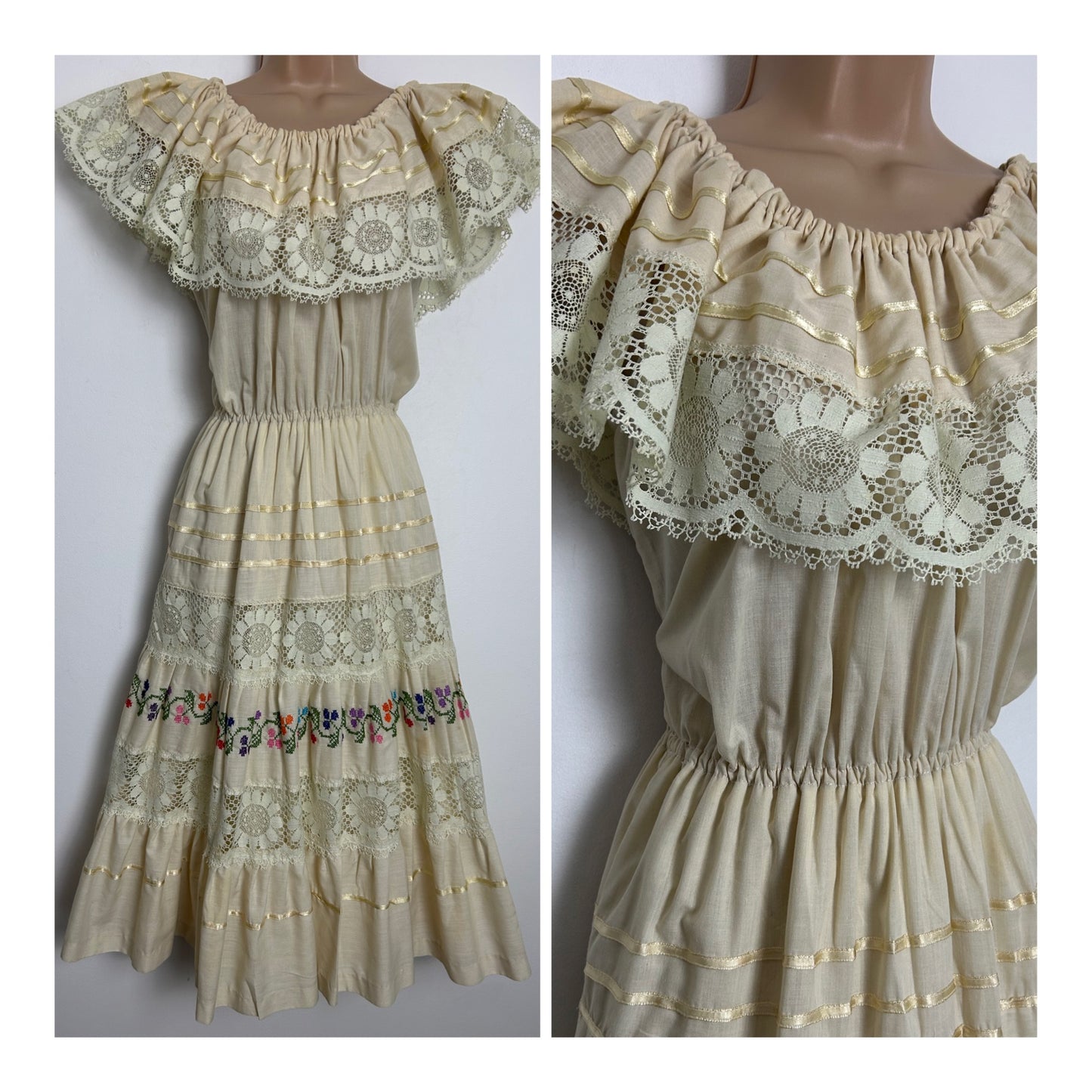Vintage 1980s MEXICAN Size 10 Cream Lace & Embroidered Detail On/Off Shoulder Peasant Folk Style Dress