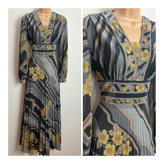 Vintage 1970s VERENA MODELLE Size 10 Grey Silver Beige & Yellow Stripe & Floral Print Long Sleeve Pleated Occasion Maxi Dress
