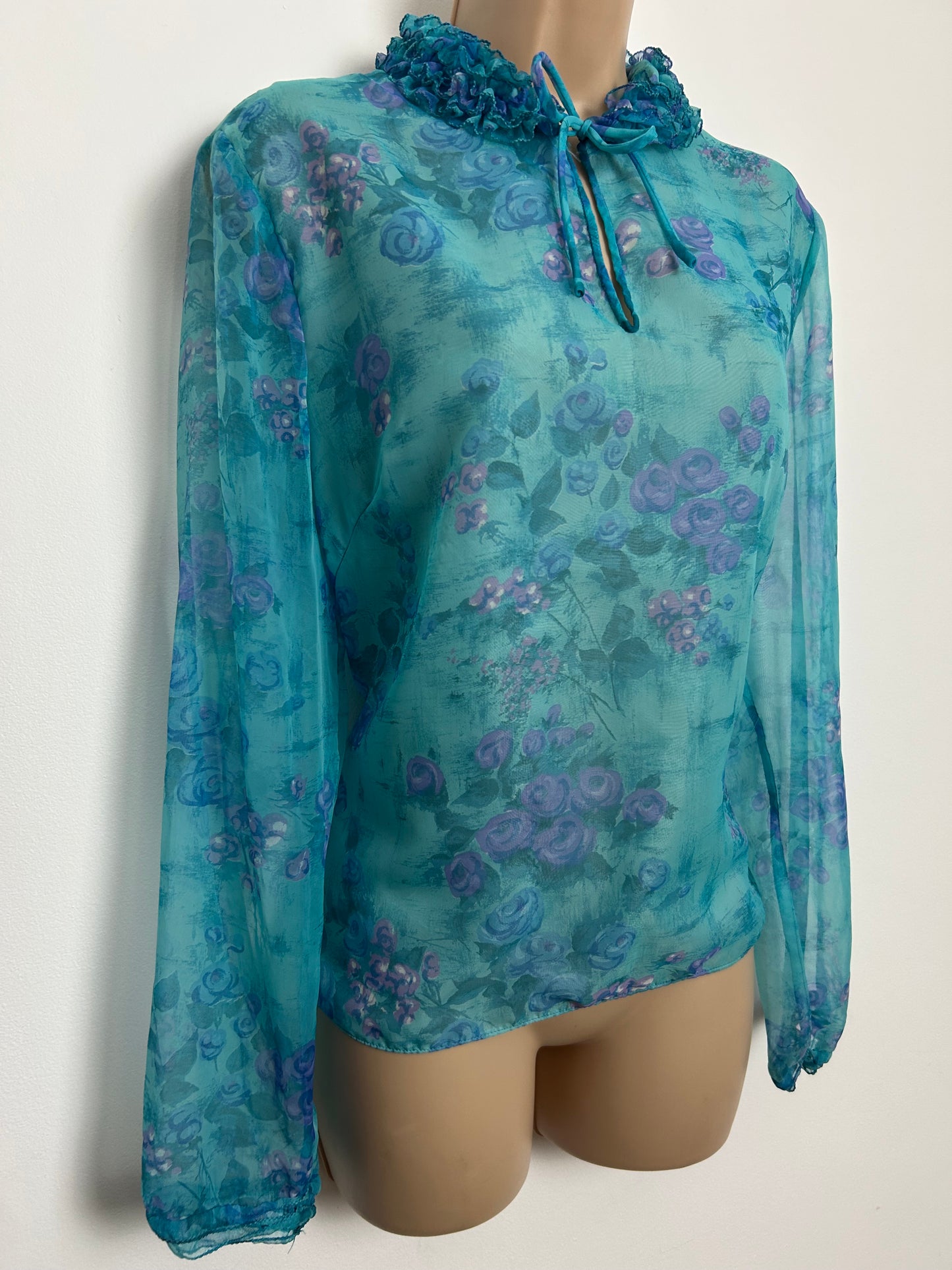Vintage Late 1960s ST MICHAEL Size 12 Turquoise & Pink Ruffle Tie Neck Nylon Chiffon Blouse