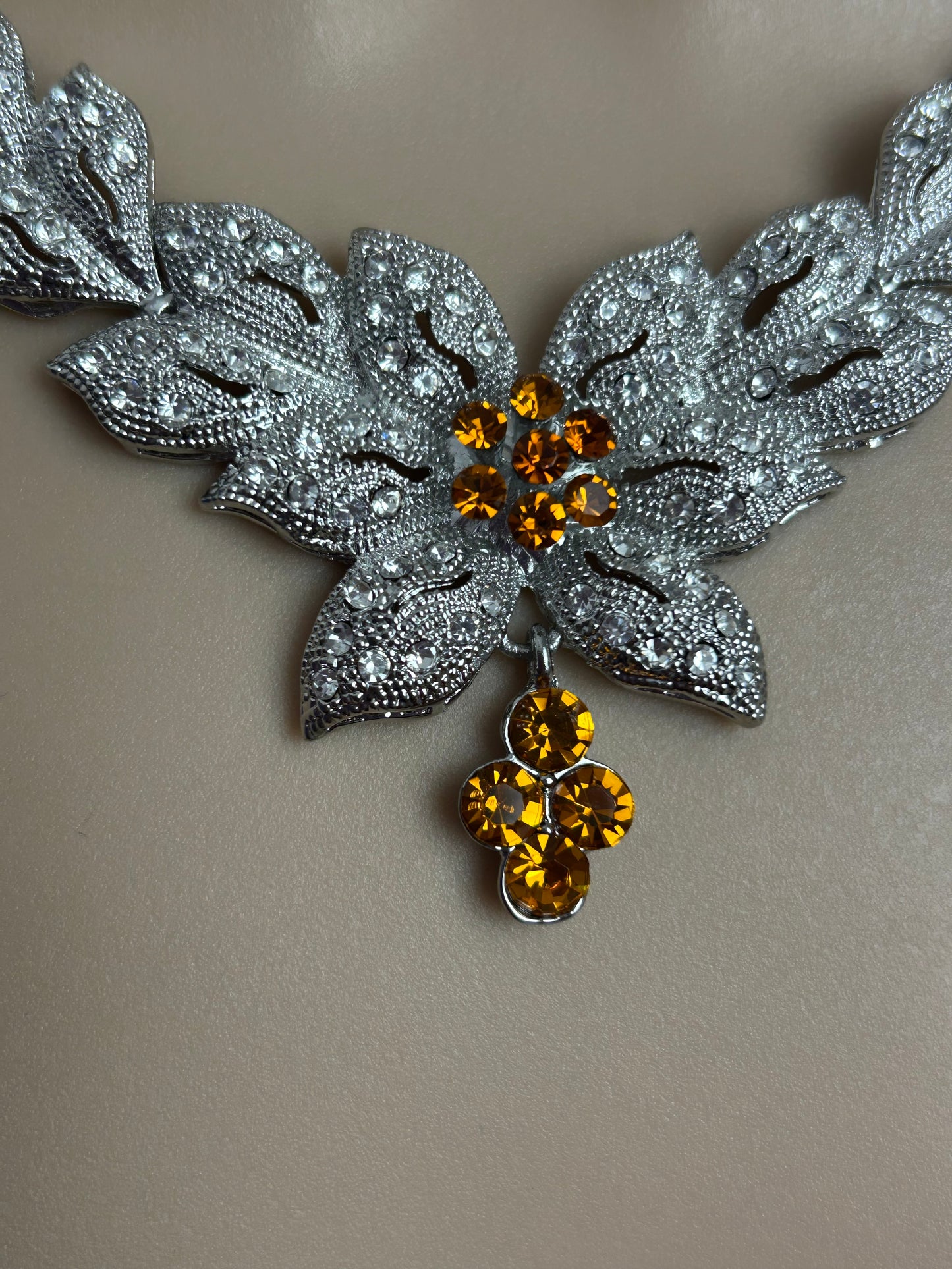Vintage 1960s Beautiful Silver Tone Marcasite Clear & Amber Diamante Stone Set Flower Necklace