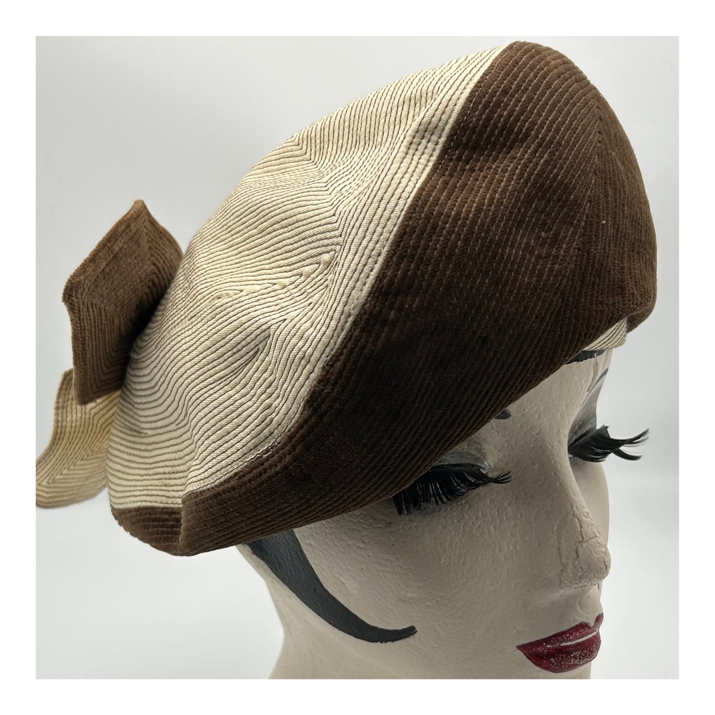 Vintage 1960s Made By Gina Davies London Beige & Brown Silk & Velvet Pill Box Hat