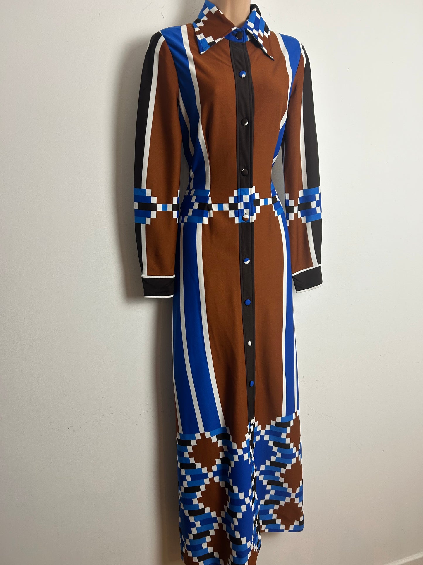 Vintage 1970s TRICOVILLE HANDFASHIONED Size 10 Brown Blue & White Stripe & Geo Print Long Sleeve Maxi Dress
