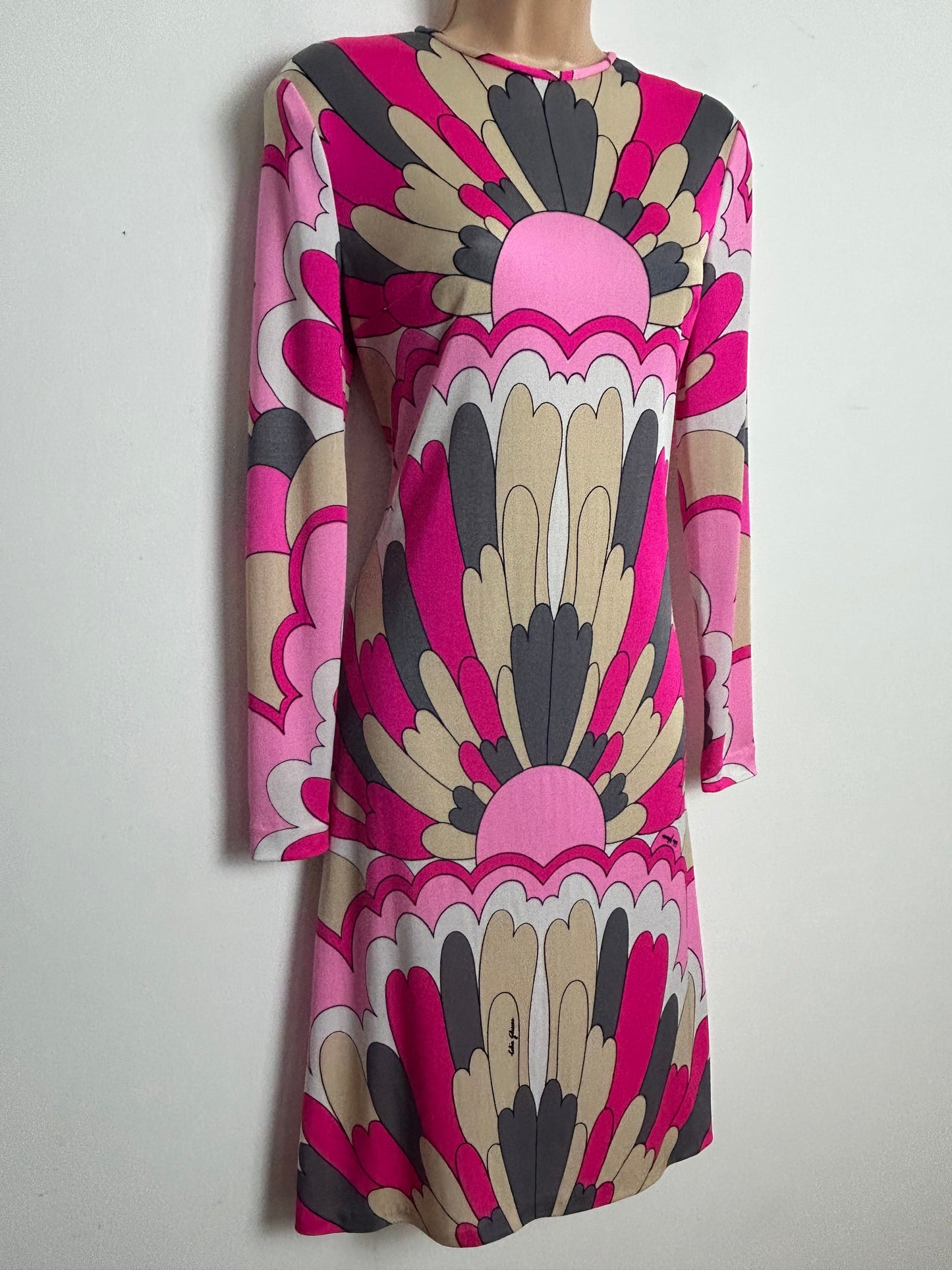 Vintage 1960s 70s Collectable Rare COLIN GLASCOE Size 12-14 Pink Grey Beige & White Psychedelic Print Ban-Lon Jersey Shift Dress