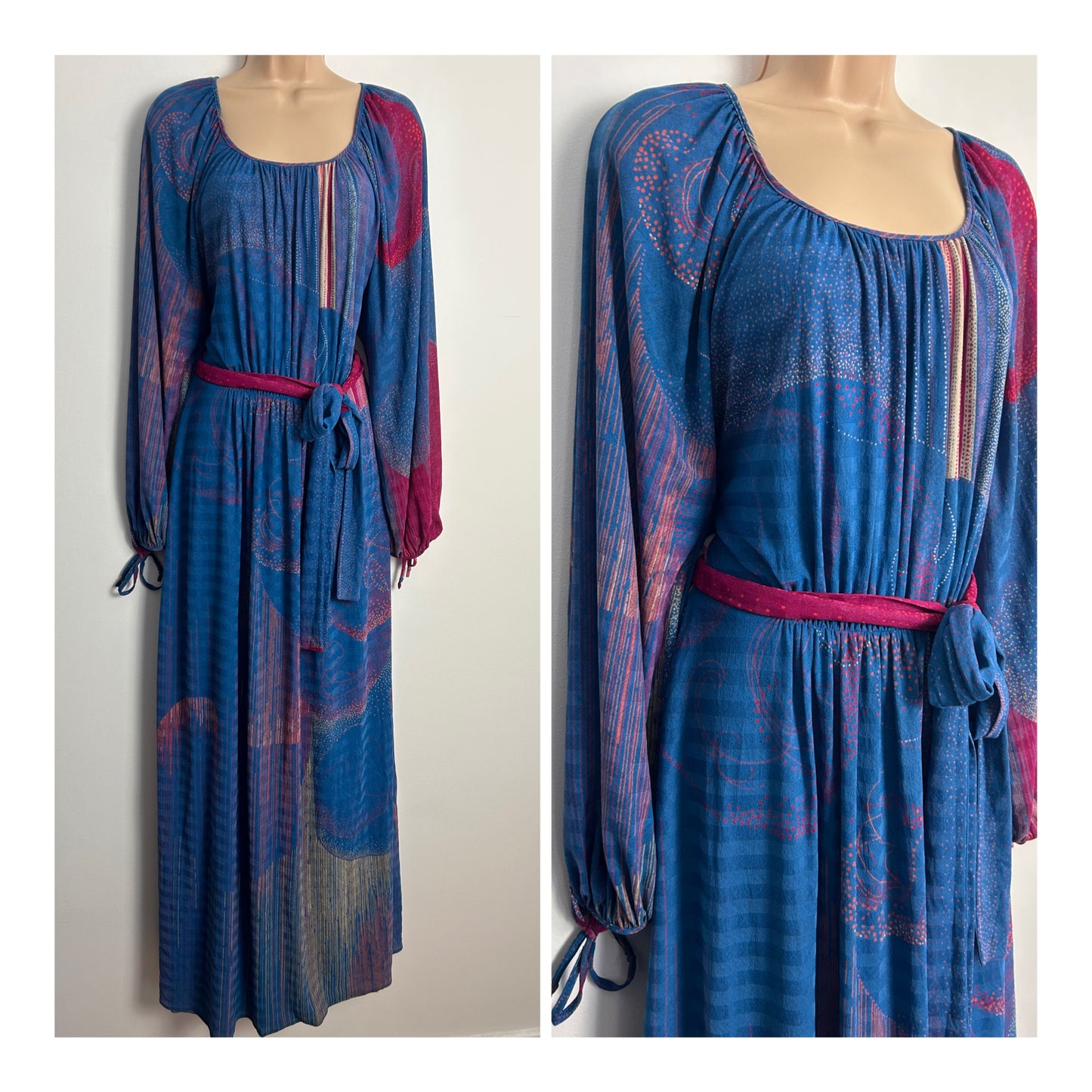 Vintage Late 1970s VERA MONT Size 8-10 Dusky Blue & Pink Tones Abstract Stripe & Spot Print Long Sleeve Belted Maxi Dress