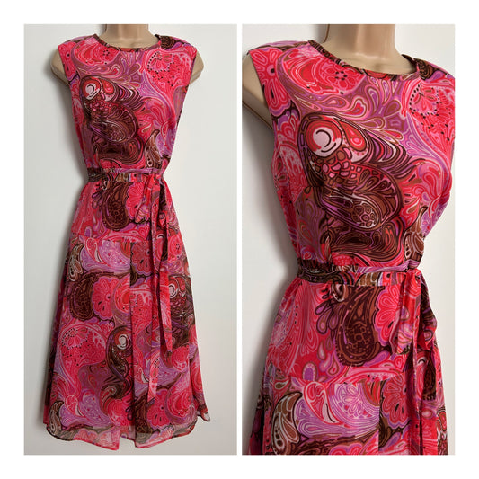 Vintage 1970s UK Size 12 Beautiful Pink Tones Abstract Floral & Paisley Print Belted Dress