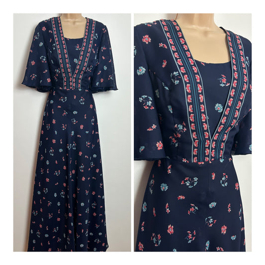 Vintage 1970s Size 10 Navy Blue & Pink Floral Print Flutter Sleeve Chiffon Boho Maxi Dress