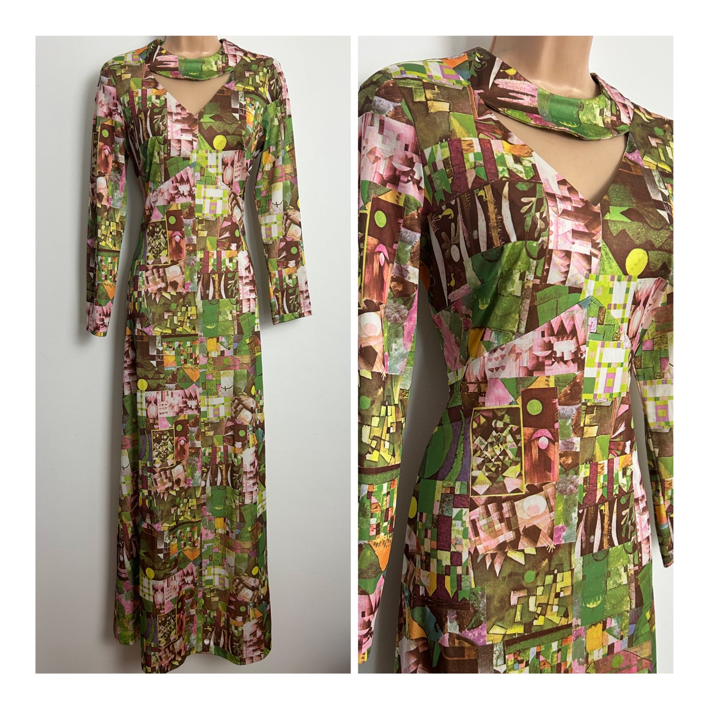 Vintage 1970s LEYGIL Size 10-12 Green Pink & Brown Keyhole Choker Neck Abstract Print Maxi Dress