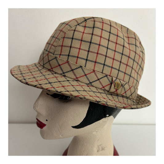 Vintage DANNIMAC Beige Red & Black Check Wool Mix Trilby Style Hat